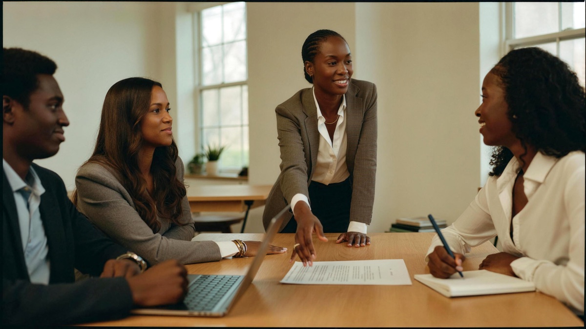 A business consultant standing at a table, teaching three entrepreneurs who are taking notes.